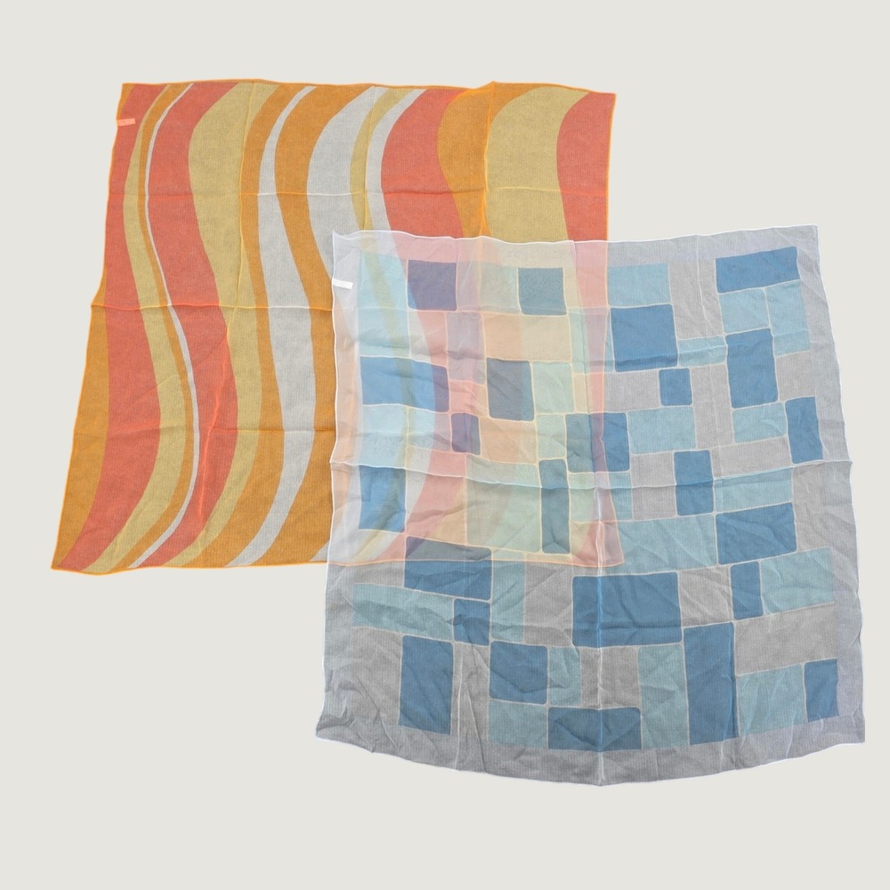 Vintage 100% Silk Sheer Square Scarf Set 2 Orange Wavy Blue Geometric Japan
